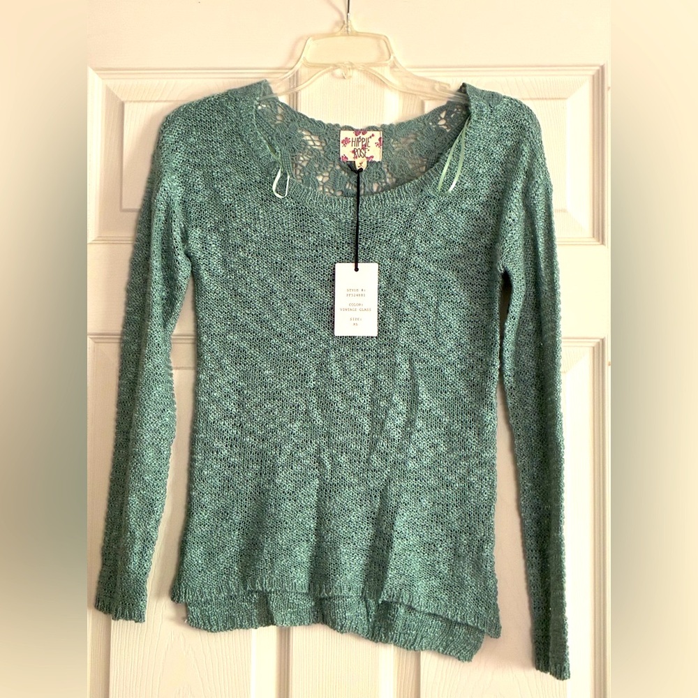 Hippie Rose Seafoam Knit Top with crochet back insert